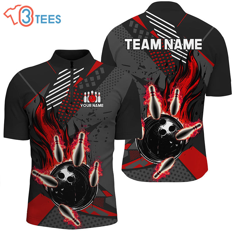 Black And Red Mens Bowling Shirts Custom Flame Bowling Team League Jer