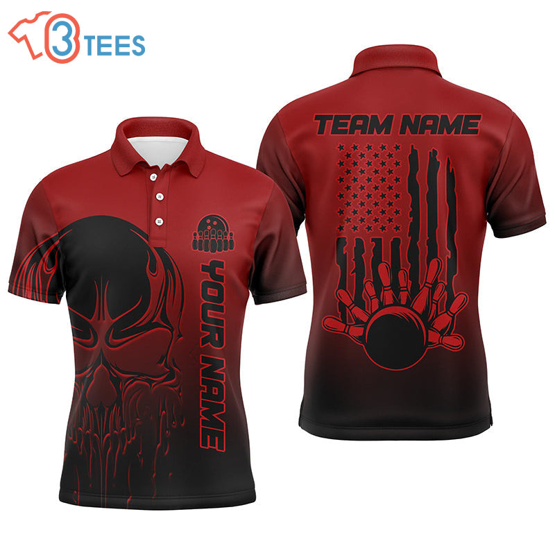 Black And Red Skull Custom Unisex Bowling Team Shirts, American Flag P