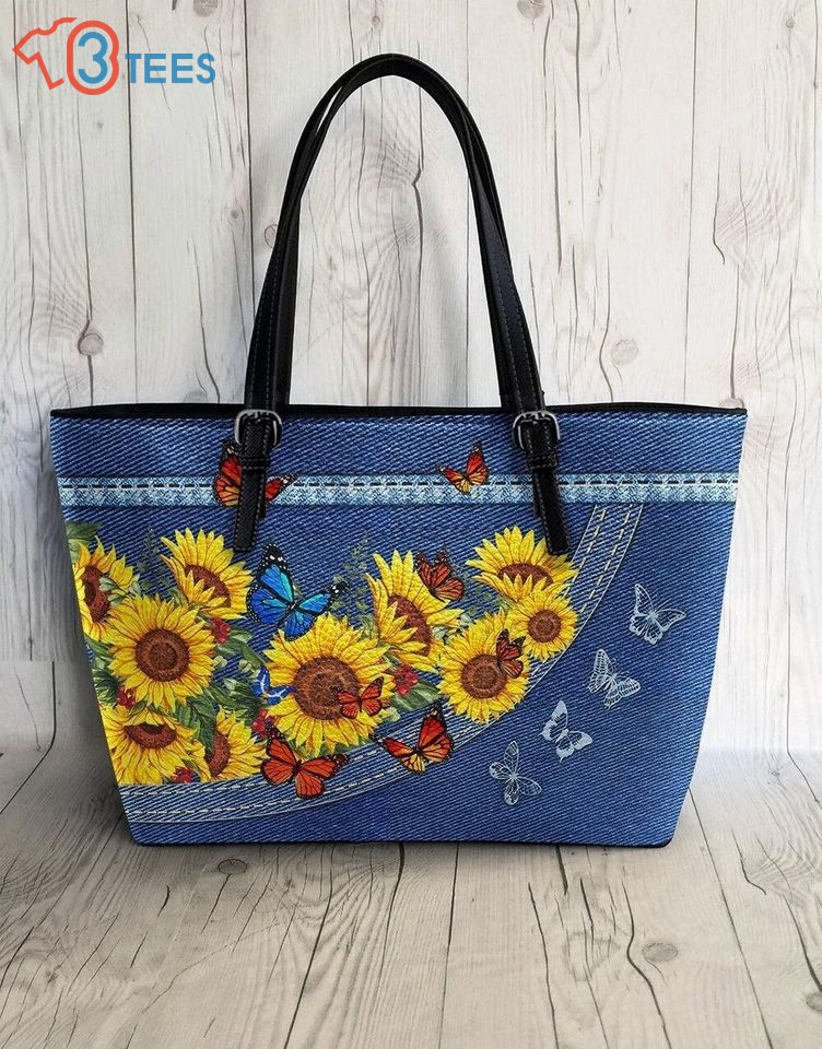 Butterfly Sunflower Leather Bag, Butterfly Sunflower Lover Leather Bag  B6090